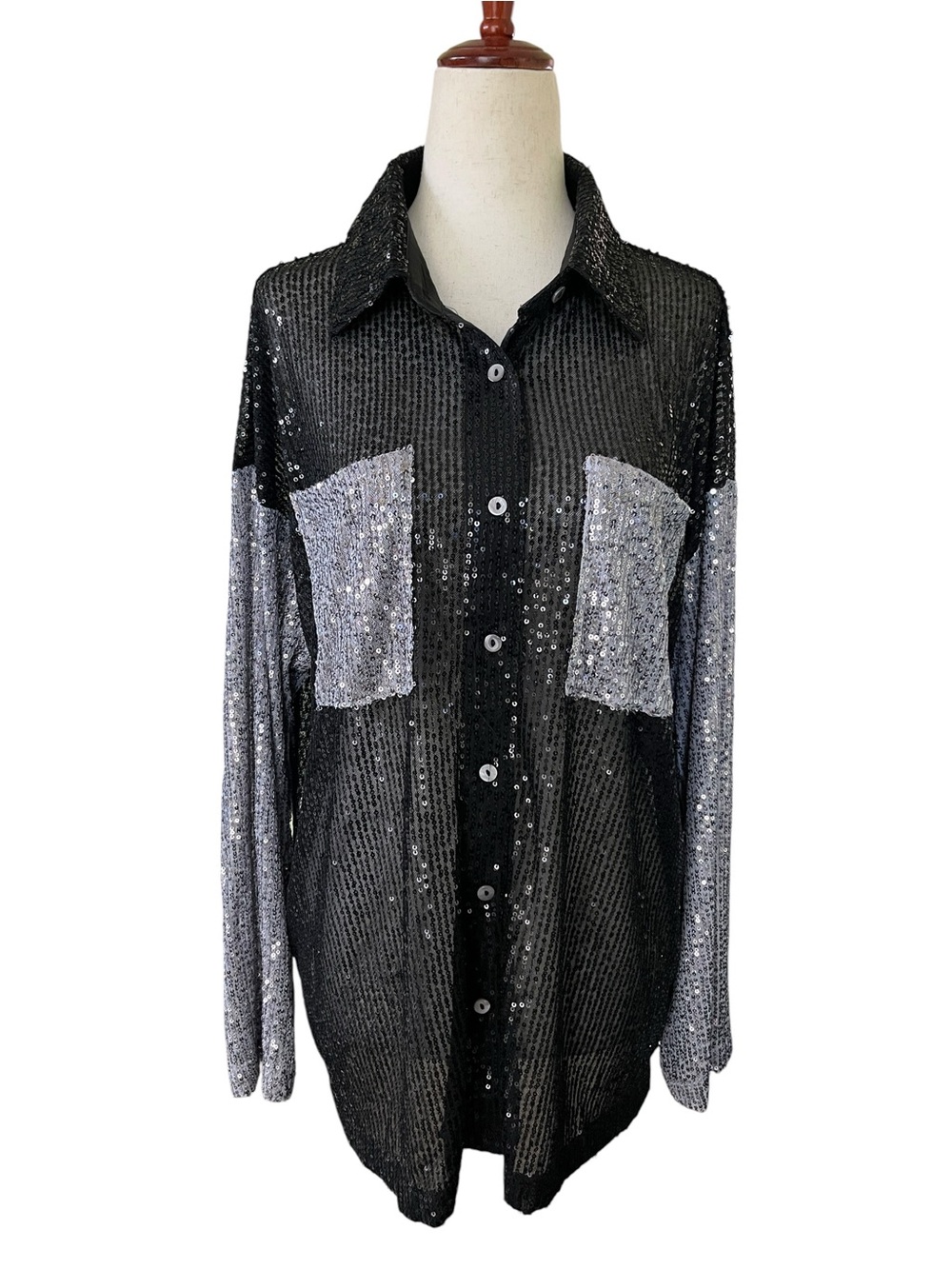 Entro black and silver colorblock sequin button-up shirt